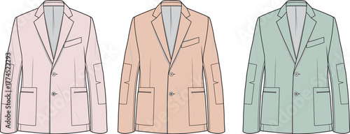 Men's fashion template showing a classic blazer with notch lapels and elbow patches in three pastel color variations. Vector technical flat illustration