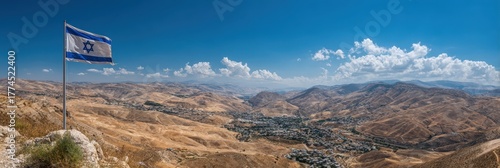 Sunny Vista of Rare Settlements in Judea and Samaria Under a Blue Sky with Fluffy Clouds