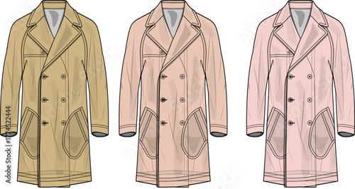 Stylish vector illustration of classic double-breasted trench coats in multiple colors, featuring timeless design elements suitable for fashion concepts and outerwear apparel