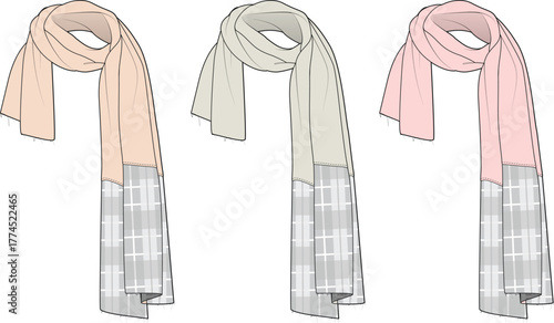 Set of three scarves in different neutral colors with a patterned base, fashion accessory for winter, elegance and comfort