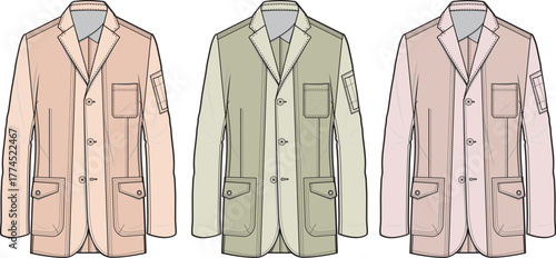 Stylish men's utility jackets presented in a variety of earth-inspired hues, offering a versatile design concept for contemporary fashion and outerwear collections