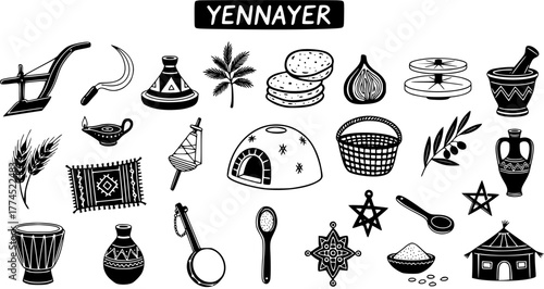 Yennayer Amazigh New Year traditional symbols, cultural elements, food, and tools vector illustration set.