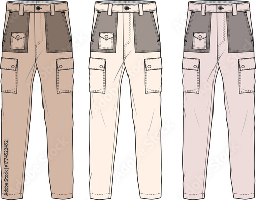 Vector illustration of contemporary cargo pants in various neutral earth-tone colors, featuring detailed pocket designs for fashion design and apparel concept presentations