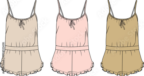 Three women's short romper fashion flat sketches, showcasing camisole tops with spaghetti straps and ruffled hems in soft beige, pink, and brown, ideal for loungewear design concepts