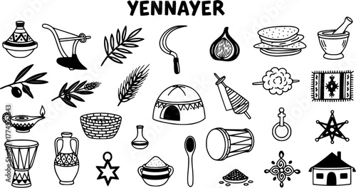 Yennayer Doodle Icons: Berber New Year Celebration Vector Illustration