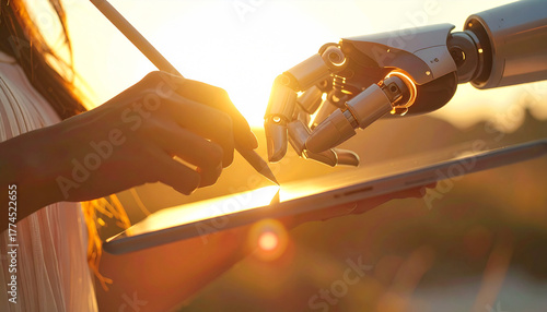 Human and Robotic Collaboration: A symbiotic dance unfolds as a human hand and a robotic counterpart work in tandem, marking a significant step into a tech-driven future.