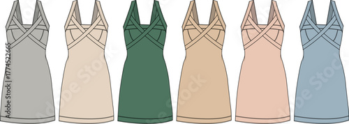 Women's strap detail slip dress fashion flat technical sketch set. Apparel design vector template collection in various colorways for clothing
