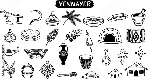 Yennayer Doodle Set: Amazigh New Year, Traditional Berber Culture Elements, Vector Illustration