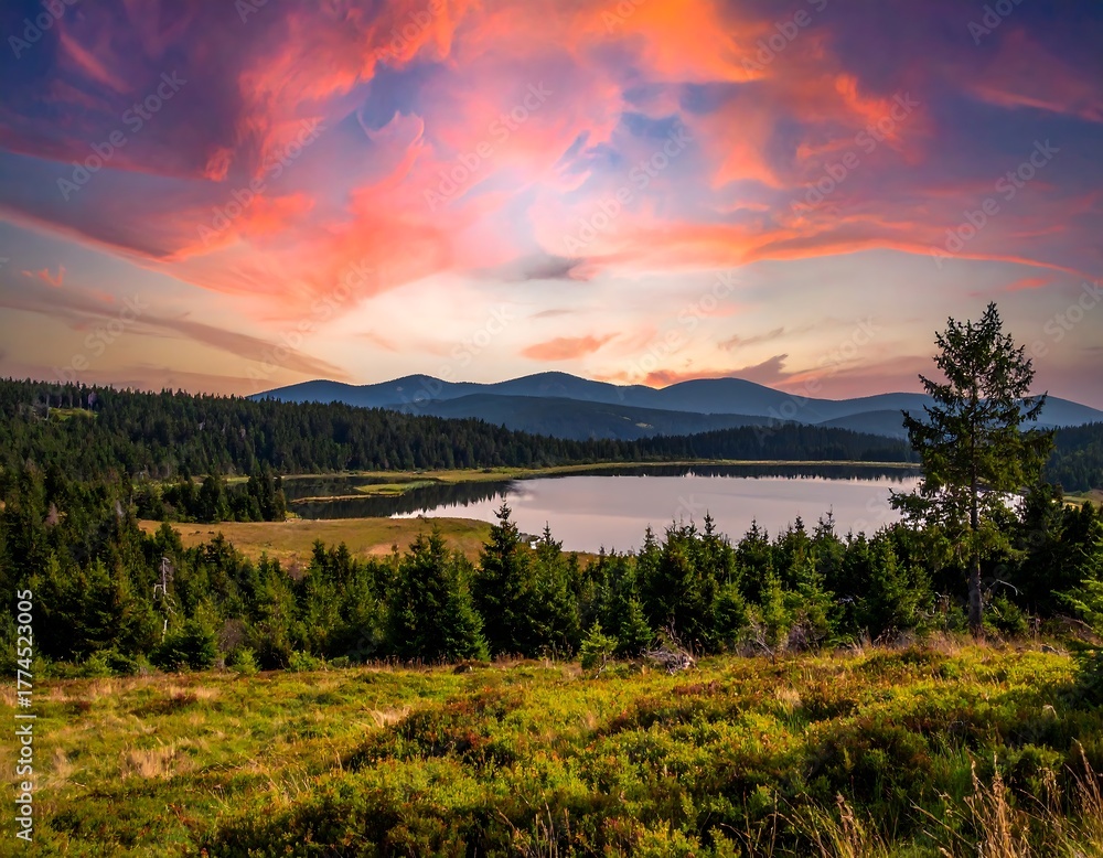 Obraz premium Vibrant sunset over a tranquil lake surrounded by lush greenery and mountains
