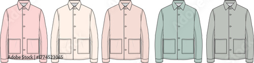 Apparel design concept featuring a set of unisex workwear jacket technical flat sketches in a pastel color palette