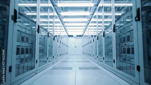 A slow, smooth forward-tracking wide video glides through a pristine, state-of-the-art data center corridor with towering server racks, blinking orange/amber lights, and cool V-shaped fluorescent