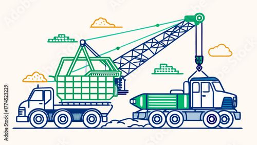 Construction site. Construction work process with houses and construction machines. Engineer with construction project. Vector illustration for mobile and web graphics. Labor day
