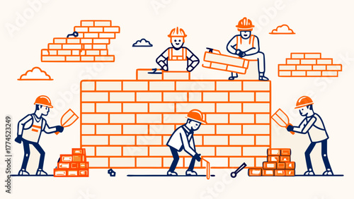 Builders work together to build a brick wall. A typical day at a construction site.