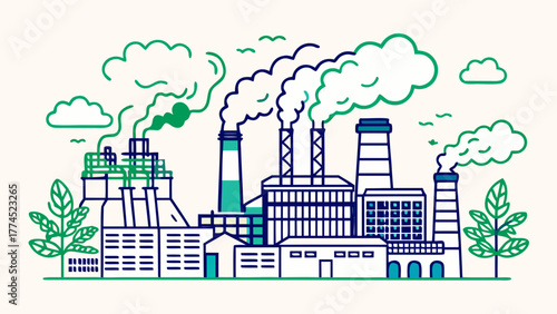 An industrial plant emits smoke from several chimneys.