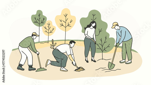 People plant trees in the park. Caring for the environment