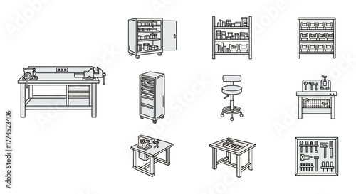 workshop equipment icons a collection of essential tools and storage solutions in a well-organized workshop illustrating craftsmanship and diy projects