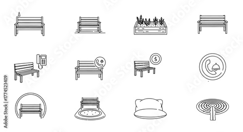 bench icons park rest area relaxation and urban design illustration for creative projects public space planning and city amenity visuals