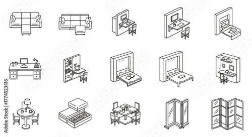 compact furniture icons optimizing space with folding beds desks tables and sofas for small apartments ideal for minimalist living designs.