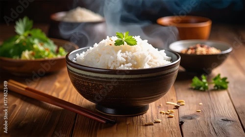 Steaming white rice in bowl, garnished with parsley, served hot with chopsticks on rustic wooden table for a comforting meal.