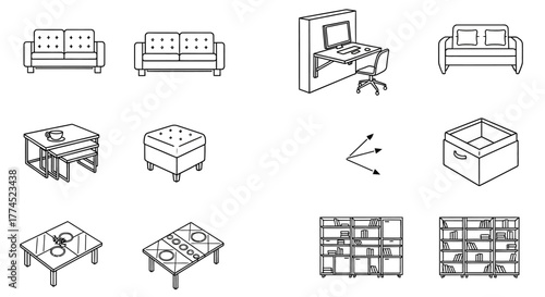furniture arrangement icons depicting room furnishing for interior design planning illustrating home decor ideas and spatial planning solutions.