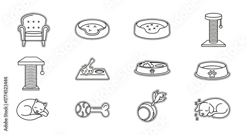 pet accessories outline icons armchair beds scratch posts bowls toys sleeping cat and dog depicting comfy home for animals perfect for vet ads.
