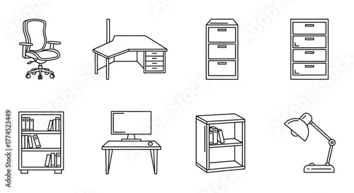 office furniture showcasing ergonomic chair desk filing cabinets bookshelf and lamp against white background for interior design needs