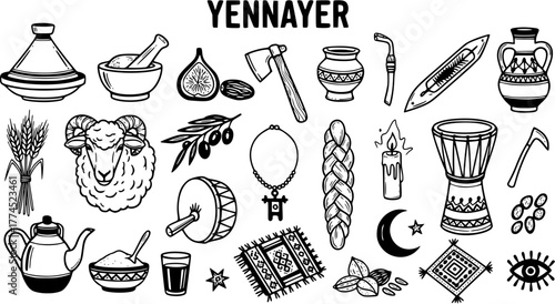 Yennayer Berber New Year Symbols: Hand-drawn collection of traditional Amazigh cultural objects, food, and festive elements