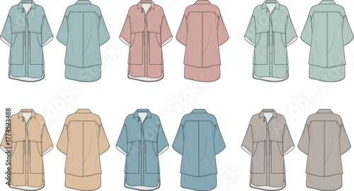 Collection of flat vector illustrations of various colorful casual short sleeve shirts for clothing design