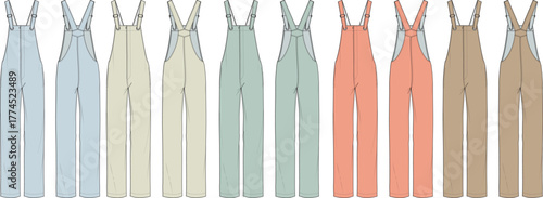Variety of Fashionable Overalls A Palette of Colors for Stylish Outfits and Apparel Designs