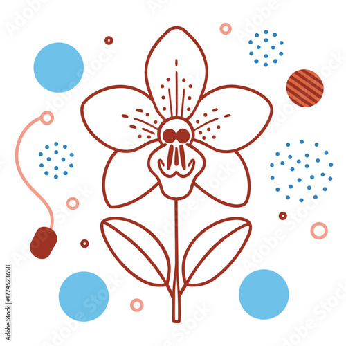 Blooming Orchid (Orchidaceae) flower, basic color, light color background, cloud curves vector art illustration