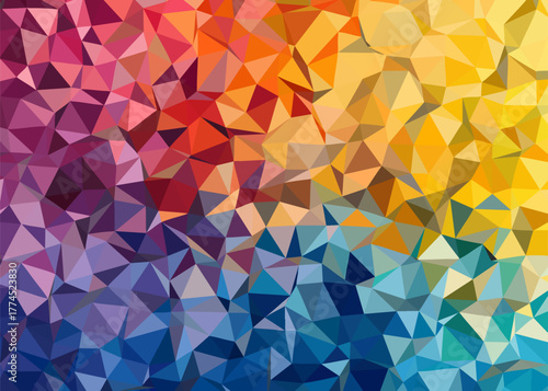 Abstract geometric background composed of a crystal-like mosaic of colorful triangles in a warm and cool color spectrum