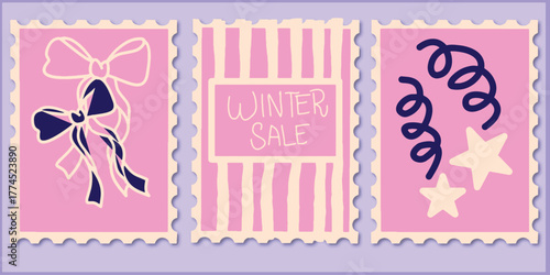 Winter sale stamp set with bow stripes and confetti vector illustration for seasonal promotions and holiday marketing campaigns