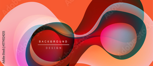 Abstract flowing shapes, vibrant colors, modern design. Orange, red, pink hues create dynamic visual impact. Text reads background design.