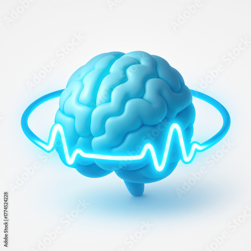 3d futuristic technology icon brain with glowing pulse curve,white background