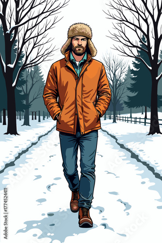 Man in a trapper hat walking through a snowy landscape on a winter day