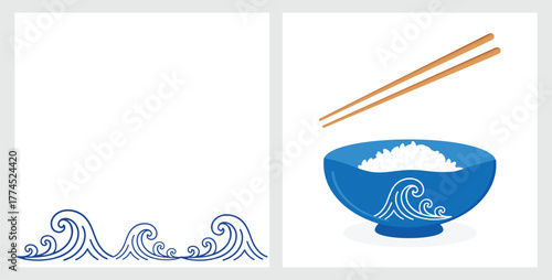 Blue wave rice bowl with chopsticks, japanese ocean motif minimal vector illustration.