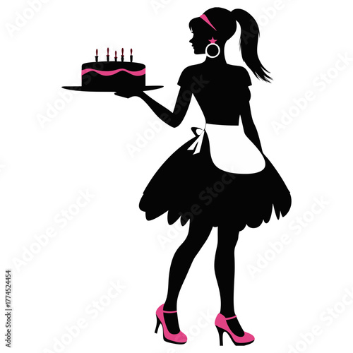 Silhouette of waitress holding birthday cake with candles. Stylish woman in apron and heels serving dessert
