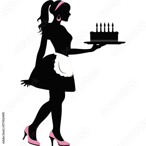 Silhouette of a waitress holding birthday cake with candles. Woman in apron and heels serving dessert
