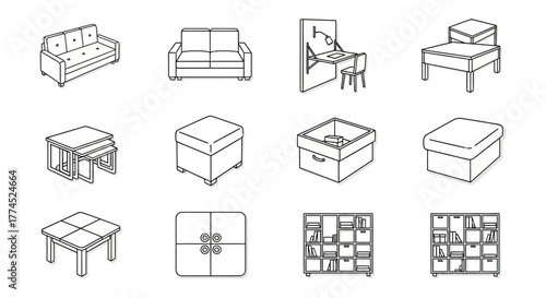 furniture line drawing a variety of isometric furniture icons perfect for interior design mockups home decor projects and architectural presentations.