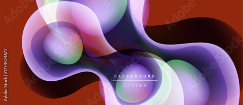 Abstract fluid shapes overlap, creating vibrant color gradients. Modern design features soft curves, purple hues, dynamic composition.