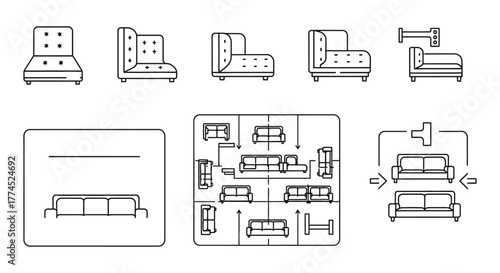 sofa icon set showcasing modular furniture arrangement and interior design options perfect for furniture stores and architectural visualization.