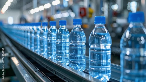 Bottled water production line efficiency highlighted by rows of clear plastic bottles moving on automated conveyor in modern beverage manufacturing facility.