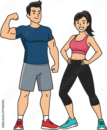  the man in a dark blue t-shirt and grey shorts is flexing his bicep, while the woman in a pink sports bra and black capri leggings stands with hands on hips, both embodying health and strength.