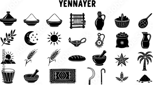 Yennayer Amazigh New Year Icons Set: Traditional Symbols of North African Culture, Food, and Heritage Elements
