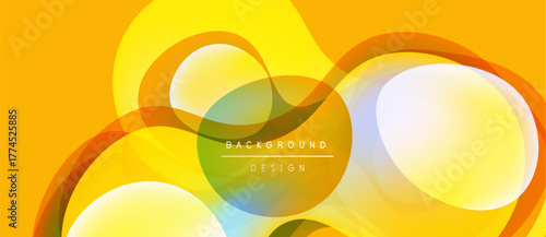 Abstract yellow design features overlapping circles, curves. Gradient shades create dynamic visual effect. Modern background texture.
