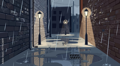 A lone figure stands in a rainy alleyway, illuminated by streetlights, creating a mysterious atmosphere.