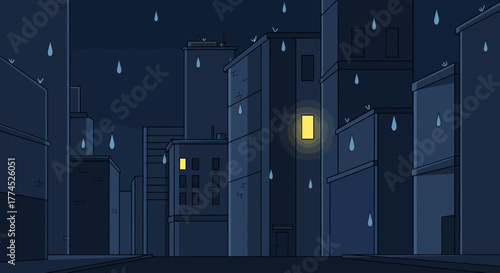 A solitary glowing window illuminates a dark, rainy city street at night.