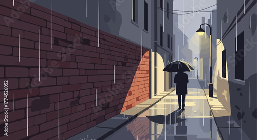 A solitary figure walks down a narrow alleyway under the gentle rain.