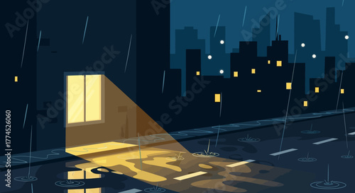 A solitary window glows warmly in a dark, rainy city night, casting a bright rectangular light onto the wet street below, illuminating the falling rain and refl