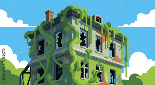 Abandoned and overgrown house with broken windows and crumbling facade.